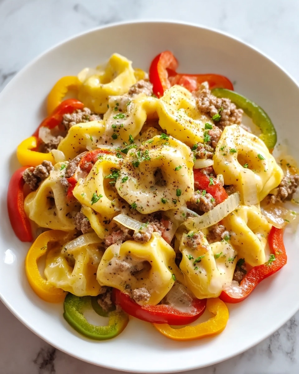 The dish shows a white plate filled with a creamy, mixed pasta featuring about 10 yellow tortellini pieces scattered across the plate. Underneath and around the tortellini, there are small chunks of ground meat in light brown, mixed with slices of white onion rings, red and yellow bell pepper strips, and a few thin green pepper slices. The creamy sauce lightly coats the pasta and ingredients with a smooth texture, and a light sprinkle of black pepper and small green herbs is scattered on top. The plate rests on a white marbled surface with a corner of a red cloth napkin visible at the side. Photo taken with an iphone --ar 4:5 --v 7
