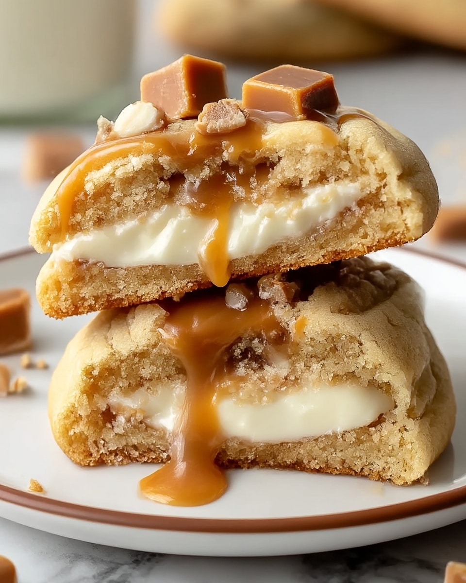 Two thick cookies stacked on a white plate with a thin brown edge, placed on a white marbled surface. Each cookie has three visible layers: a soft light golden outer cookie layer with a slightly crumbly texture, a smooth and creamy white center layer, and a glossy caramel layer that is dripping slightly. The top cookie has additional caramel sauce on top with small caramel candy pieces scattered over it. The focus is close-up, showing the gooey texture and contrast between the crunchy cookie and smooth fillings. Photo taken with an iphone --ar 4:5 --v 7