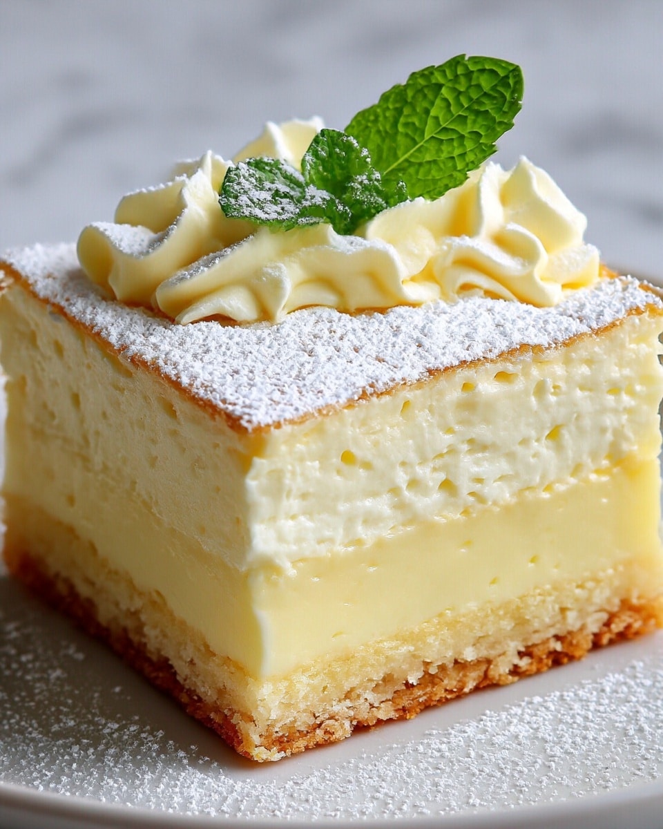 A square piece of creamy layered dessert sits on a white plate, showing three distinct layers: the bottom is a light brown, crumbly crust with a rough texture; the middle layer is thick, smooth, and pale yellow custard filling; the top layer is a lighter, fluffy cream with soft folds and a slight sheen, covered with powdered sugar dusted evenly. A fresh green mint leaf rests on top as a garnish. The background features a white marbled texture. Photo taken with an iphone --ar 4:5 --v 7