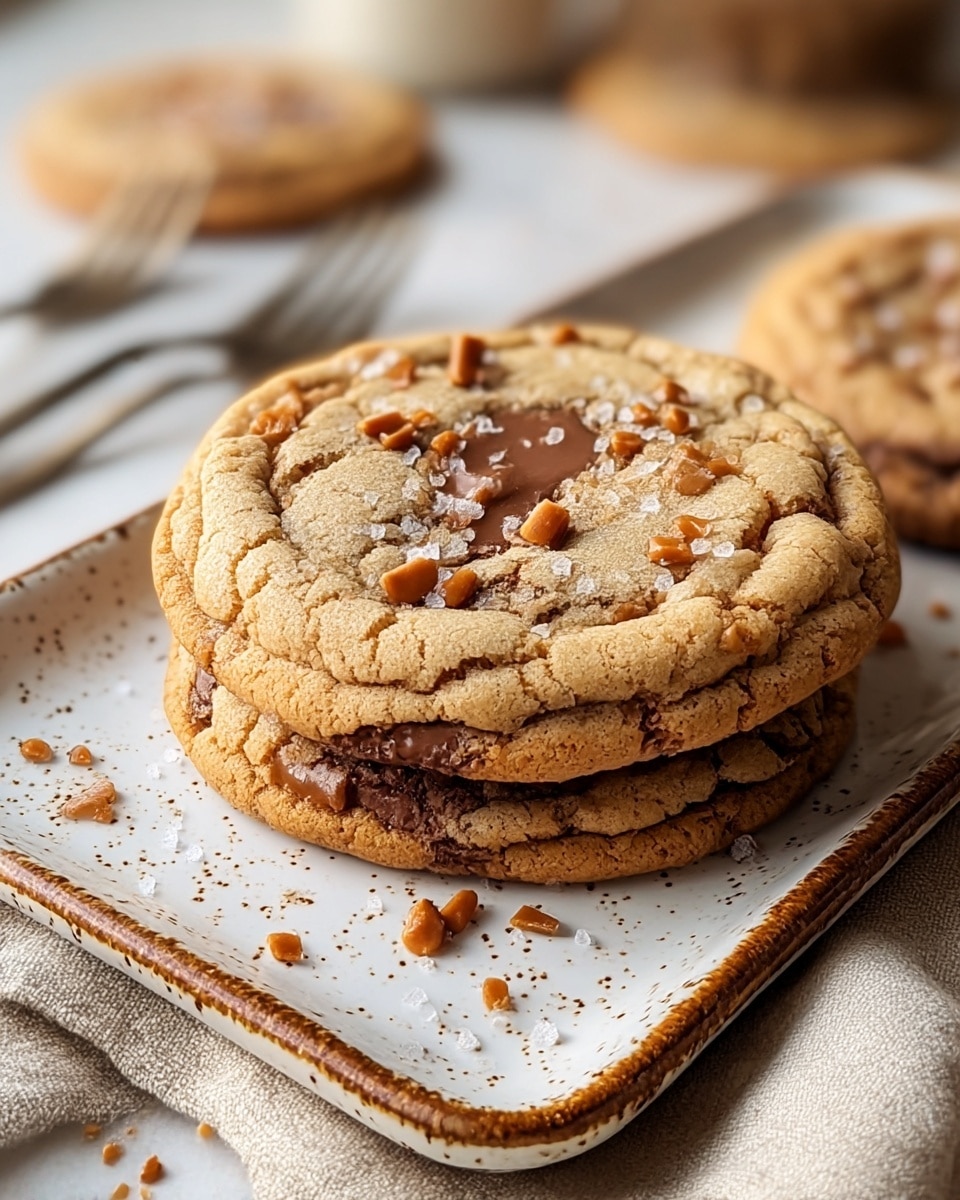 A close-up of two large, soft cookies stacked on top of each other on a white rectangular plate with a speckled texture and brown edges, placed on a white marbled surface with a beige cloth underneath; the cookies have a light golden brown cracked surface with darker brown edges, topped with scattered small caramel bits and coarse sea salt, with a melted chocolate center visible on the top cookie; the background shows blurred forks and an extra cookie. photo taken with an iphone --ar 4:5 --v 7