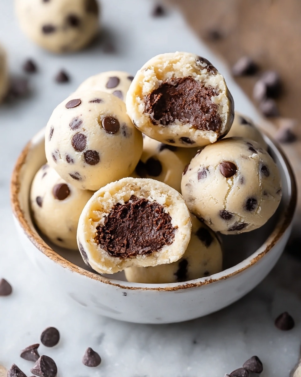 A small white bowl is filled with round cookie dough balls. Each ball has a creamy light beige outer layer speckled with dark brown chocolate chips. One dough ball is bitten, showing a rich, moist dark brown chocolate center inside. The cookie dough balls have a slightly rough texture with some cracks where the dough is soft and chunky. The bowl sits on a white marbled surface with scattered chocolate chips around it. Photo taken with an iphone --ar 4:5 --v 7