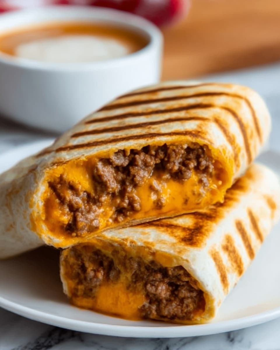 The image shows a cut burrito with two visible halves stacked, revealing three layers inside: a top layer of soft, light brown tortilla with grill marks, a middle layer of melted bright orange cheese that looks gooey and stretchy, and a bottom layer of cooked ground beef with a crumbly texture and dark brown color. The burrito is placed on a wooden board with a jar of white sauce blurred in the background on a white marbled surface. A woman's hand is not visible but implied to be holding the burrito. photo taken with an iphone --ar 4:5 --v 7