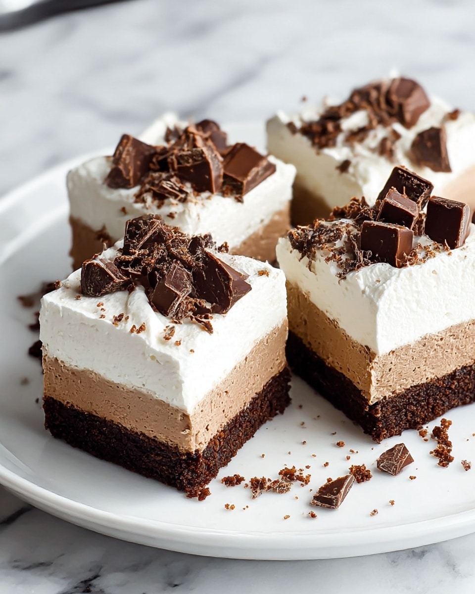 A square dessert with three clear layers sits on a white plate over a white marbled surface. The bottom layer is dark brown and crumbly, looking like a rich chocolate crust. The middle layer is a thick, smooth light brown mousse. The top layer is a fluffy, white cream that covers the mousse completely. On top of the cream, there are chunks of dark chocolate scattered evenly across the surface along with small chocolate shavings sprinkled around. The dessert is cut into four pieces, with two pieces separated slightly, showing the layers clearly. Photo taken with an iphone --ar 4:5 --v 7