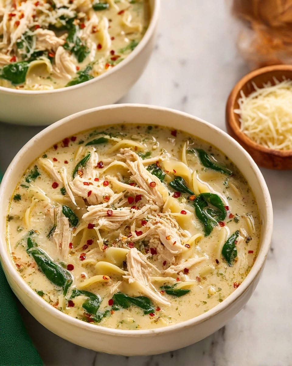 Two white bowls filled with creamy chicken noodle soup sit on a white marbled surface; the front bowl is large and close, showing three layers: a creamy light yellow broth with herbs floating throughout, scattered green spinach leaves and shredded chicken on top, and curly egg noodles mixed in with the chicken. The soup is garnished with finely grated cheese and a light sprinkle of red pepper flakes. The second bowl in the background is partially visible, filled similarly with noodles and soup. A small brown bowl filled with grated cheese is blurred in the background. Photo taken with an iphone --ar 4:5 --v 7