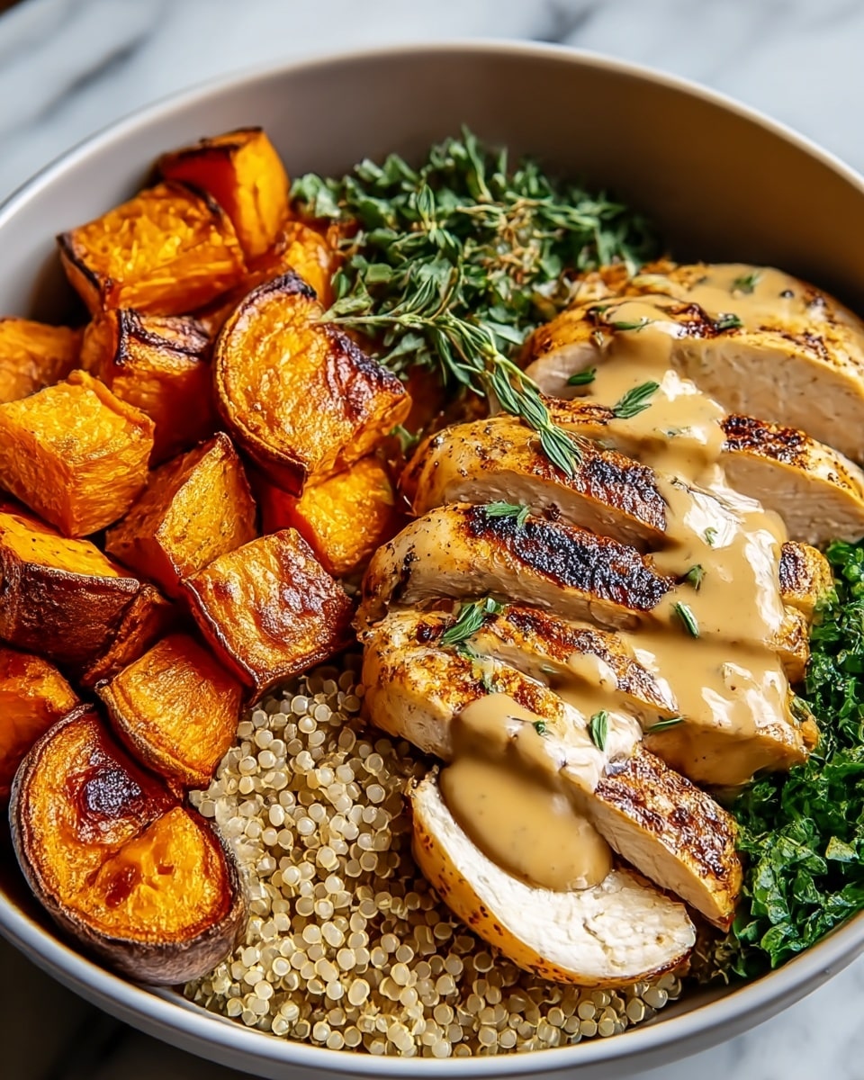 A close-up view of a bowl filled with three main layers: at the bottom is a bed of pale, round quinoa grains, covering the base. On one side, there are chunky pieces of roasted orange sweet potatoes with slightly charred edges, giving a caramelized look. In the center, slices of grilled chicken breast with a golden-brown crust and visible grill marks are placed; the chicken is topped with a creamy beige sauce that glistens under the light and garnished with sprigs of fresh green herbs. On the other side of the bowl, there is a small pile of finely chopped greens adding a fresh green color. The bowl itself is white, sitting on a white marbled surface. Photo taken with an iphone --ar 4:5 --v 7