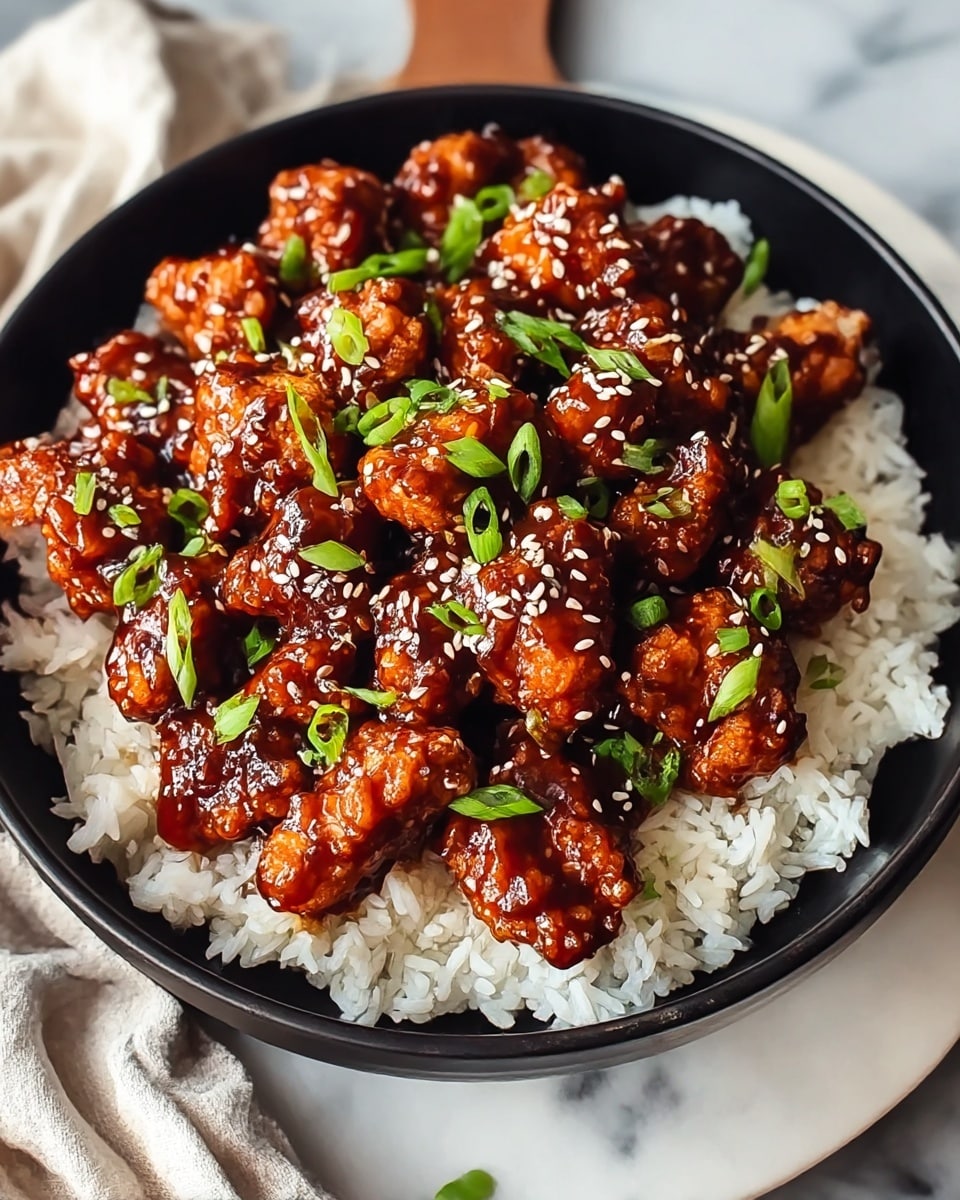 A close-up view of a bowl with two layers: the bottom layer is white fluffy rice, filling the bowl evenly, and the top layer is a generous pile of glossy dark brown glazed chicken pieces, each piece coated with a shiny sauce that reflects light. The chicken pieces are sprinkled with small white sesame seeds and chopped green onions, adding texture and color contrast. The bowl is white with a smooth edge, placed on a white marbled texture surface, with a soft focus in the background. photo taken with an iphone --ar 4:5 --v 7