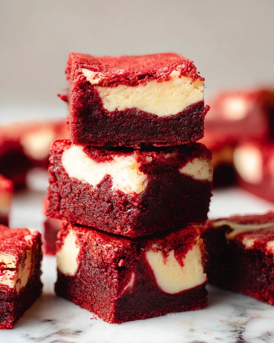 The image shows a stack of three red velvet cheesecake brownies on a white marble slab. Each brownie has two main layers: the bottom and top layers are a rich dark red velvet cake with a soft, moist texture, and the middle layer is a creamy, pale white cheesecake swirling through the red velvet in a wavy pattern. The brownies are thick and square-shaped with visible cracks on the surface of the red velvet, giving them a homemade look. More brownies are blurred in the background on the white marbled texture. photo taken with an iphone --ar 4:5 --v 7