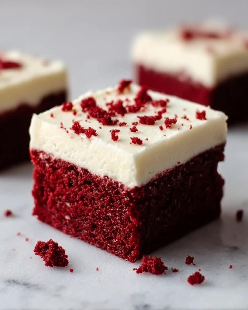 A close-up image of a small square piece of red velvet cake with two visible layers, the bottom layer is rich, moist, deep red cake with a soft, crumbly texture, and the top layer is a smooth, creamy white frosting that appears thick and evenly spread. Tiny red cake crumbs are sprinkled on top of the frosting, adding a slight texture contrast. The cake piece is placed on a white marbled surface with other similar squares blurred softly in the background. photo taken with an iphone --ar 4:5 --v 7