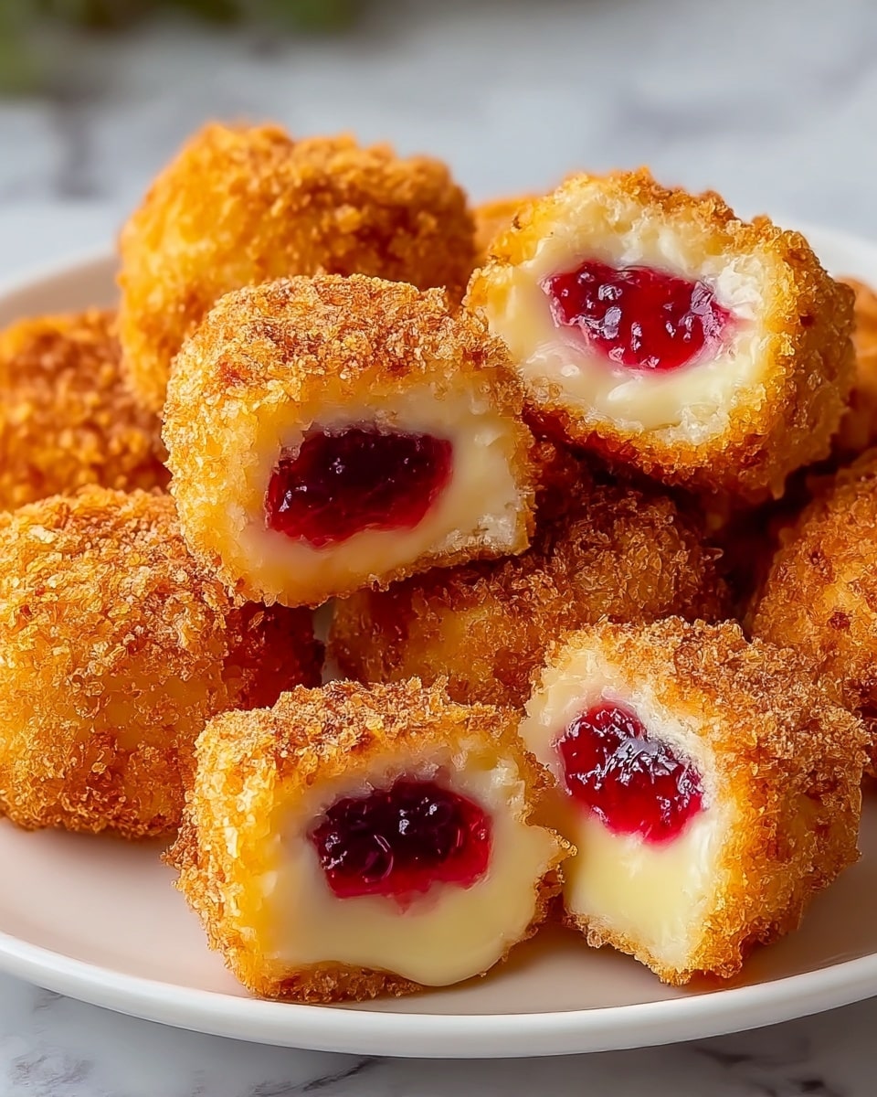 The image shows several small, round fried dessert bites arranged closely on a white plate set on a white marbled surface. Each bite has a golden-brown crispy outer coating with a rough texture. The inside is creamy and smooth pale yellow custard filling, contrasting with a bright red jam or berry sauce layer in the middle of each piece. Two of the dessert bites are cut open, revealing two distinct layers inside: the outer fried crumb layer, then the custard, and the red jam center. Photo taken with an iphone --ar 4:5 --v 7