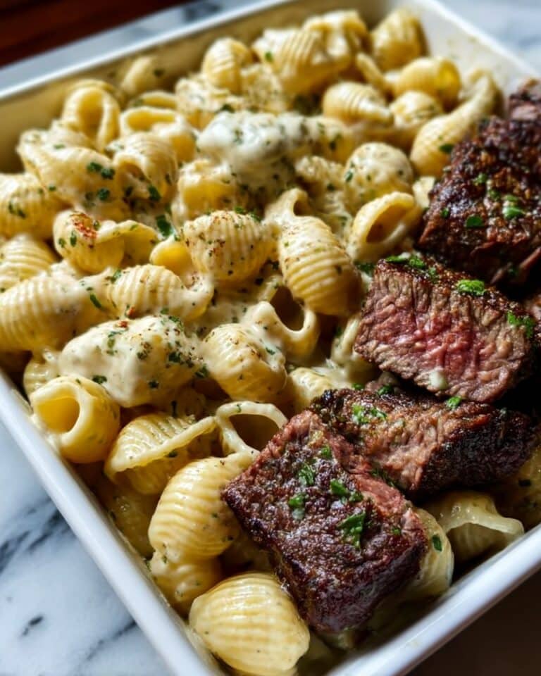 Steak Bites and Shell Pasta in Garlic Butter Alfredo Sauce Recipe