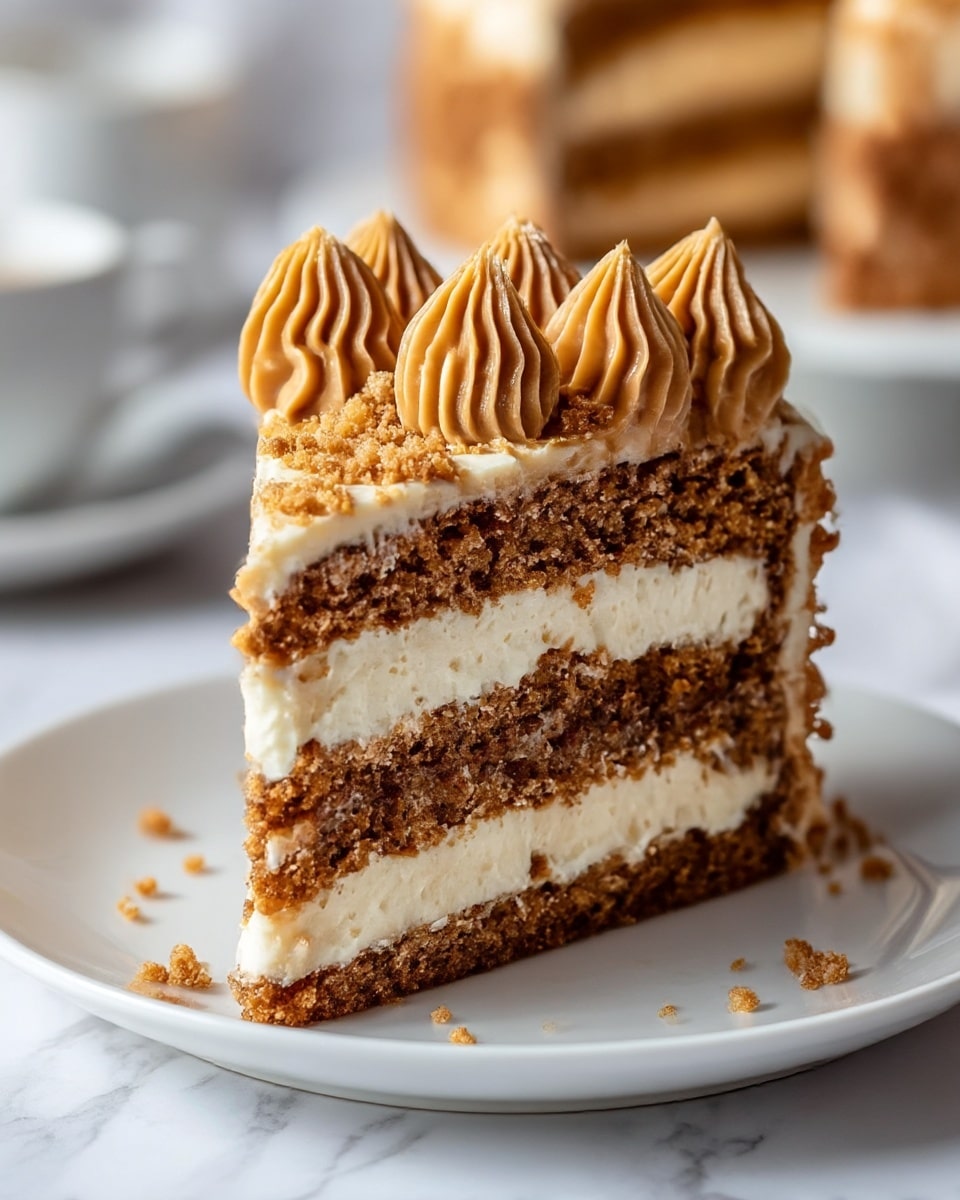 A slice of cake with three layers is placed on a white plate on a white marbled surface. The bottom and middle layers are a textured, crumbly golden-brown cake. Between these layers and on top is a thick, smooth white cream layer. On the top of the cake, there are seven piped dollops of light brown cream, each shaped with vertical ridges and sprinkled lightly with crumbs that match the cake's color. Some crumbs are also scattered on the plate around the cake slice. Photo taken with an iphone --ar 4:5 --v 7