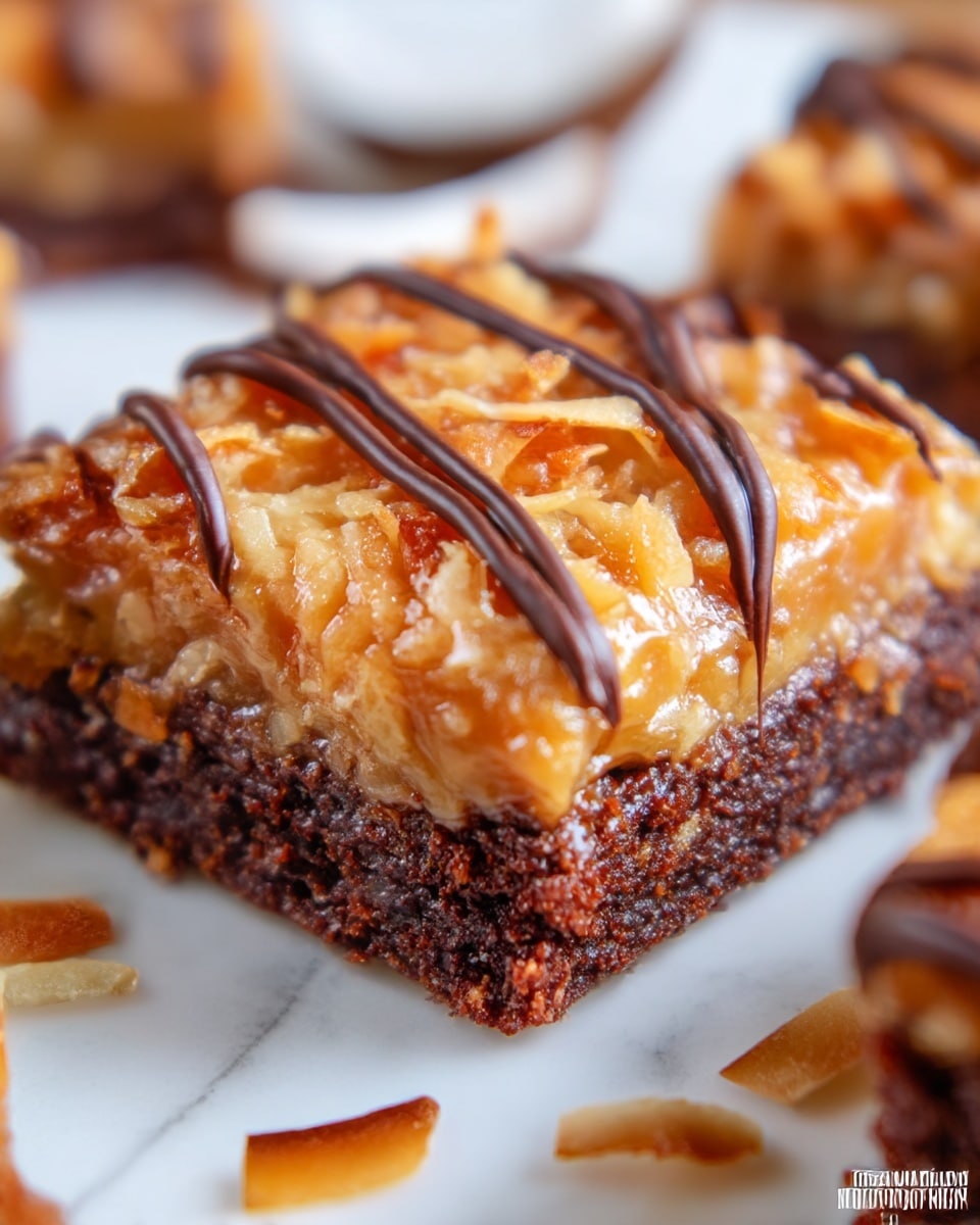 A close-up of a two-layer dessert bar placed on a wooden board with a white marbled texture background. The bottom layer is dark brown, moist and crumbly like a dense chocolate brownie. On top is a thick layer of sticky caramel mixed with shredded coconut, golden brown in color with a glossy, textured surface. Three thin, wavy lines of dark chocolate drizzle run across the top, adding contrast and detail. In the blurred background, there are light-colored toasted coconut flakes scattered. Photo taken with an iphone --ar 4:5 --v 7