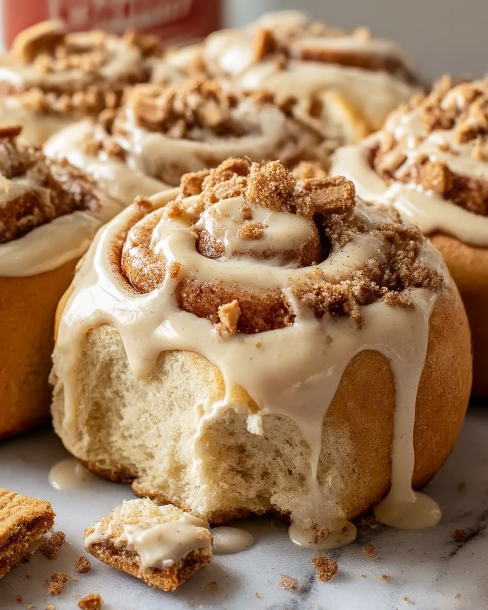 The image shows a close-up of several soft cinnamon rolls arranged closely on a white marbled surface. Each roll has three visible layers: the bottom layer is a light golden-brown dough, the middle layer is fluffy and creamy white inside, and the top layer is covered with smooth, light tan icing that drips slightly over the edges. There are crumbled pieces of brown cookie or crumb topping scattered generously on top and around the rolls. One roll is cut open showing its soft, fluffy inside. Photo taken with an iphone --ar 4:5 --v 7