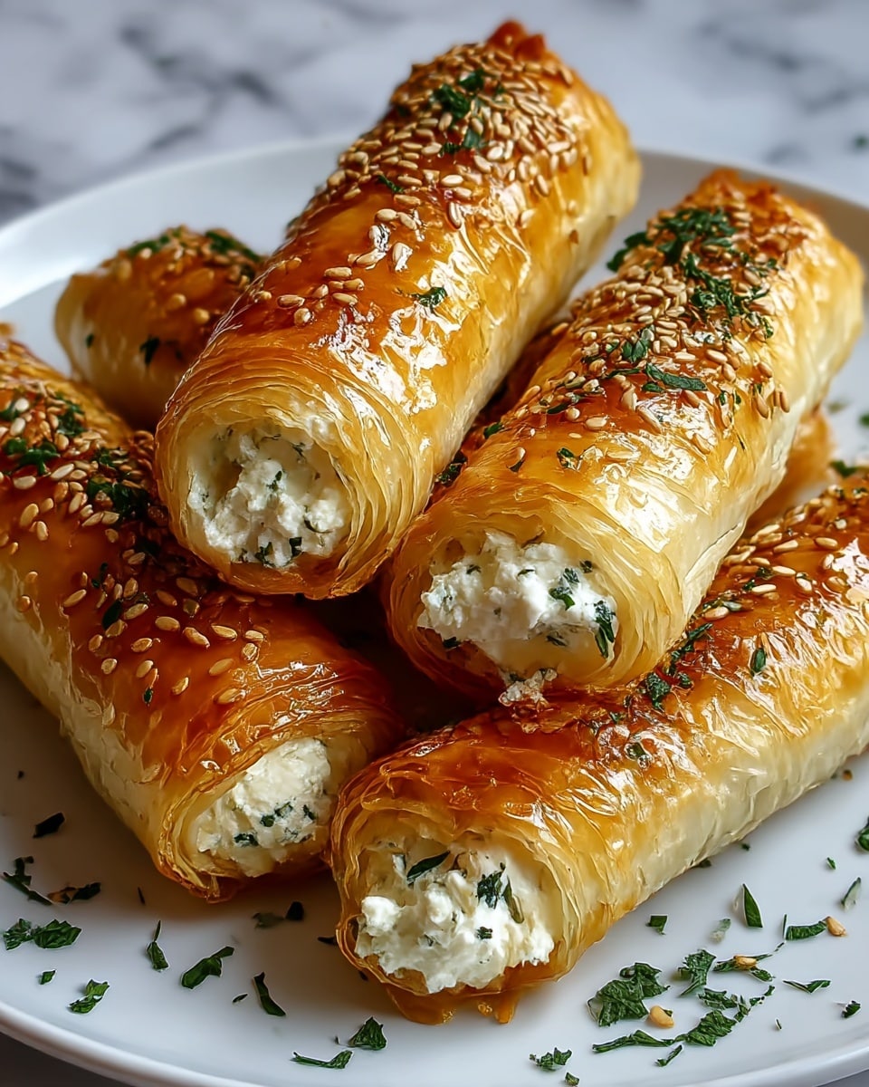 The image shows four rolled pastries with a golden, crispy outer layer that looks thin and flaky. Each pastry is filled with white cheese mixed with small green herb bits, visible at both open ends. The tops of the pastries have a shiny glaze sprinkled with toasted sesame seeds and small chopped green herbs. They are placed close together on a white plate with some scattered green herb leaves around them. The background has a white marbled texture. photo taken with an iphone --ar 4:5 --v 7