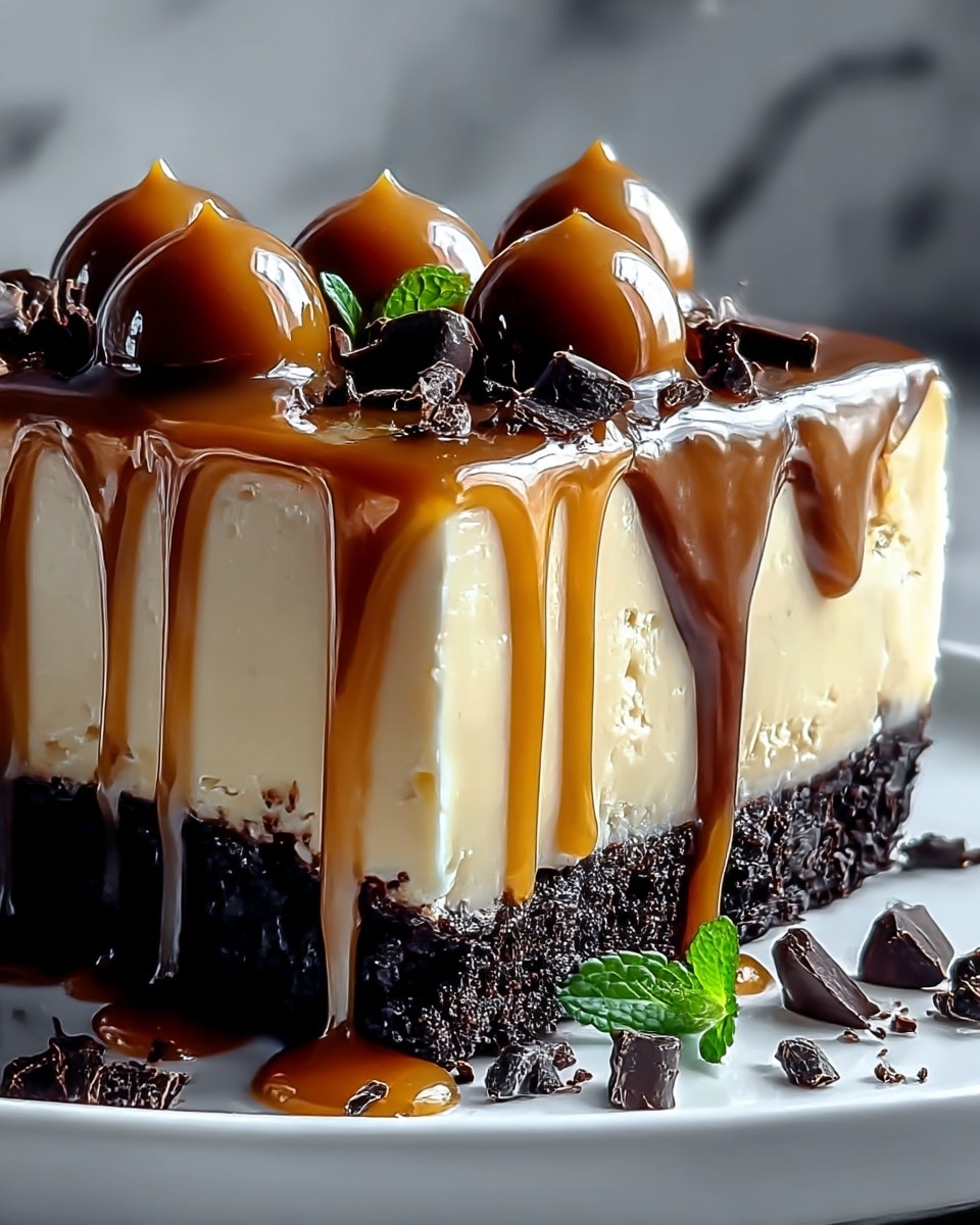 A three-layer dessert sits on a white plate with a white marbled texture in the background. The bottom layer is thick, dark, and crumbly, resembling chocolate cookie crust. The middle layer is smooth, creamy, and pale beige, looking like caramel or custard. The top layer glistens with golden caramel sauce dripping down the sides, topped with four glossy caramel dollops and small dark chocolate shavings scattered around, along with a tiny green mint leaf for contrast. photo taken with an iphone --ar 4:5 --v 7
