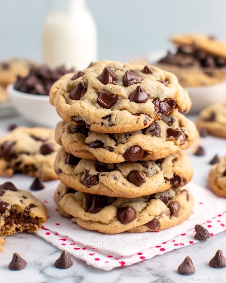 A stack of four chocolate chip cookies is shown on a white surface with a few scattered chocolate chips around. The cookies are light golden brown with large, melted dark chocolate chips spread throughout each cookie. The stack is slightly uneven, with the top cookie tilted. Behind the stack is a white bowl filled with more chocolate chips and a glass of milk, all set on a white marbled surface. photo taken with an iphone --ar 4:5 --v 7