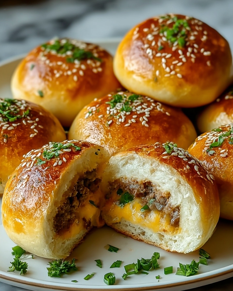 Five round bread buns with shiny golden brown tops sprinkled with white sesame seeds and chopped green herbs sit on a white plate. One bun in the front is partially eaten, showing a soft, light beige inside filled with melted yellow cheese and dark brown cooked ground meat, garnished with small green herb pieces. The plate rests on a white marbled textured surface with a few scattered bits of herbs around it. photo taken with an iphone --ar 4:5 --v 7