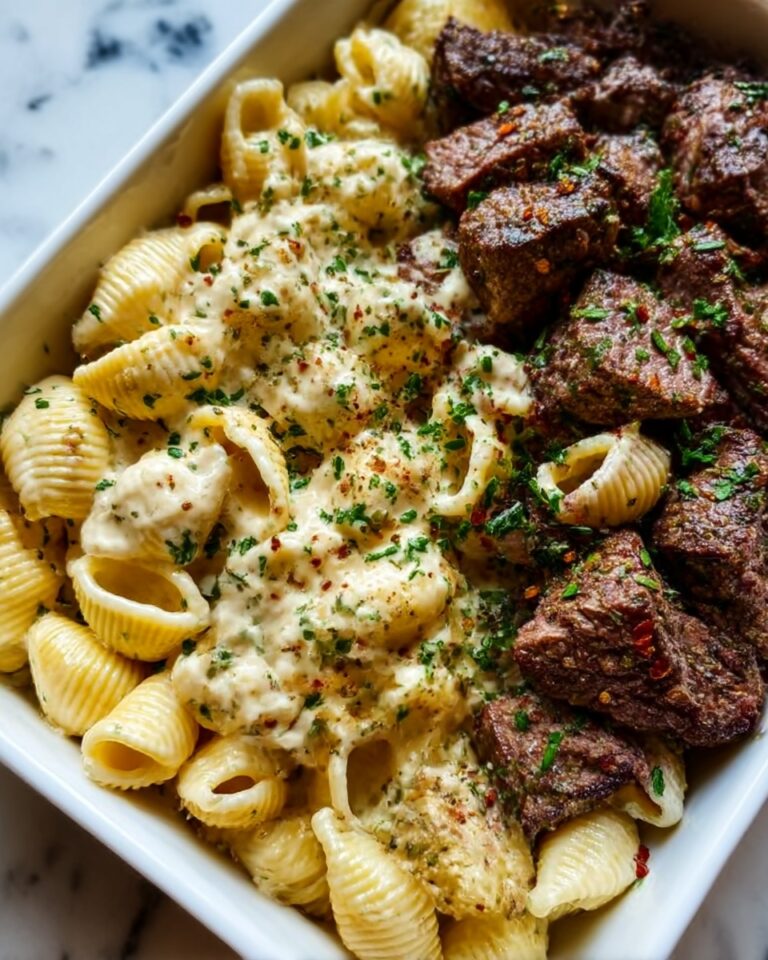 Steak Bites and Shell Pasta in Garlic Butter Alfredo Sauce Recipe