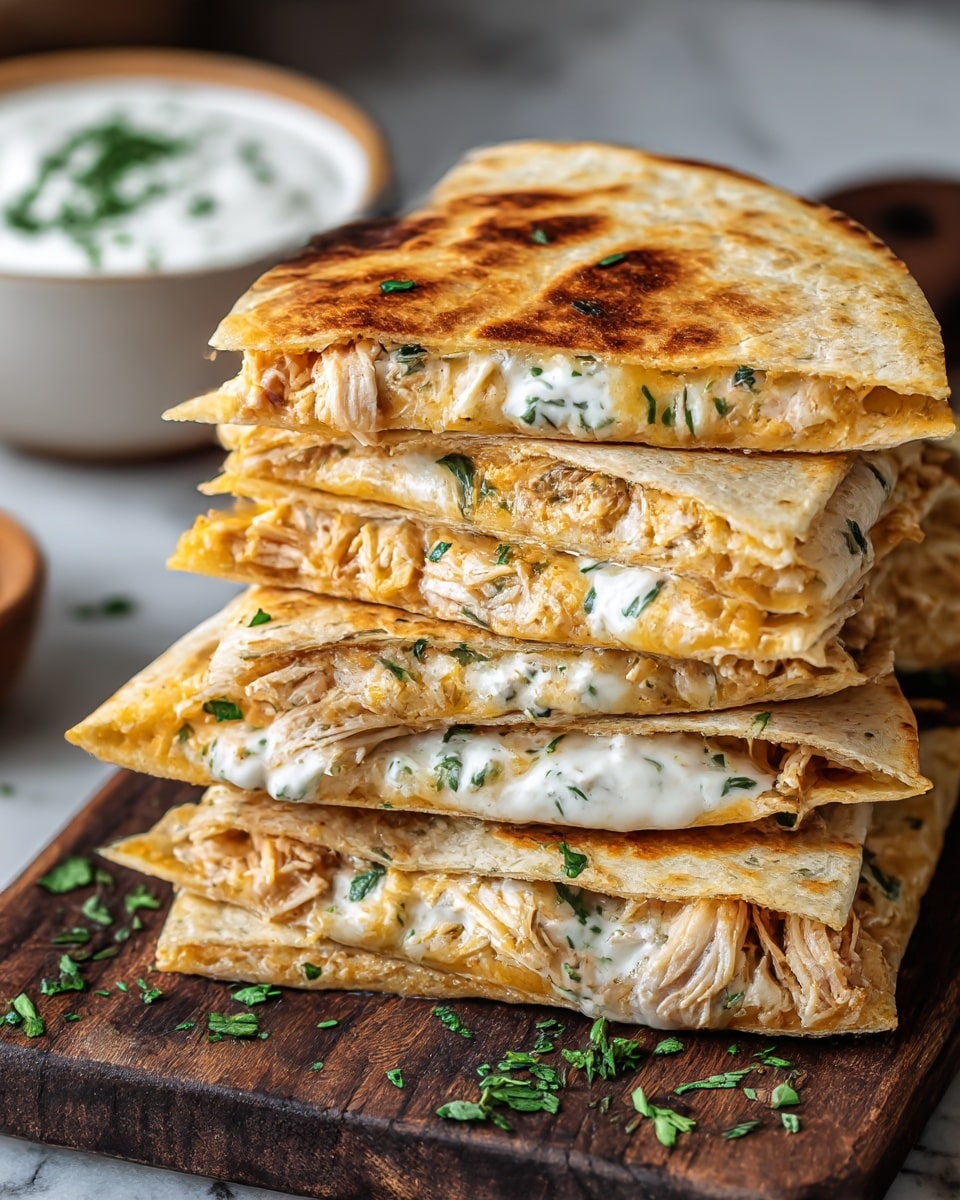 The image shows a tall stack of six grilled quesadilla slices arranged neatly on a dark wooden board, each slice cut into a triangle showing layers of creamy white melted cheese mixed with shredded chicken and finely chopped green herbs inside lightly browned, crispy tortillas. The cheese looks gooey and slightly oozes out between the layers. Small green herb bits are sprinkled on the quesadilla edges and the board. In the background, there is a white bowl filled with a creamy white dip with green herbs on top, all placed on a white marbled texture. photo taken with an iphone --ar 4:5 --v 7