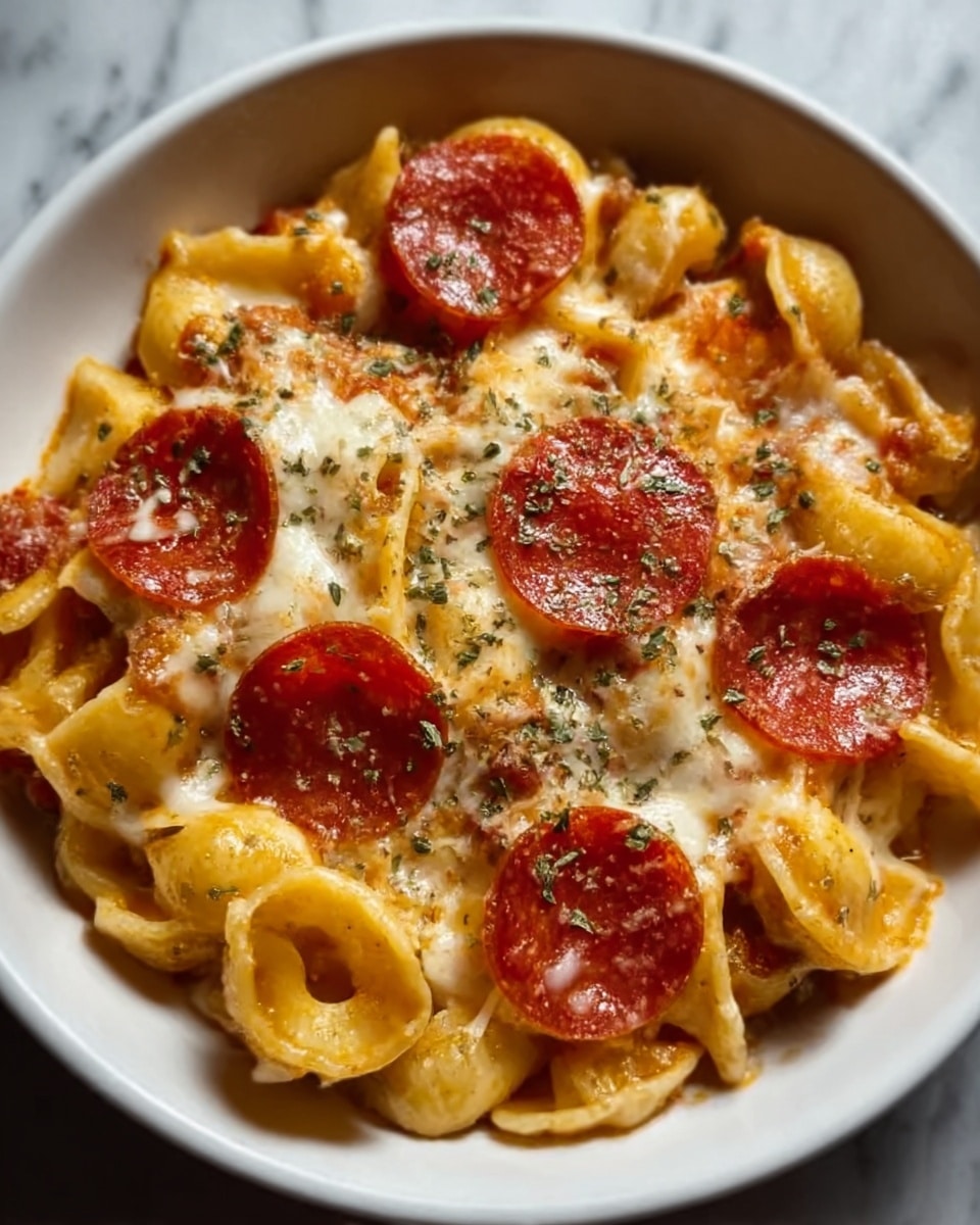 A close-up view of a white bowl filled with baked pasta layered with smooth orange cheese sauce at the bottom, topped with melted white mozzarella cheese that is bubbly and slightly browned. On top of the cheese, there are round, vibrant red slices of pepperoni evenly spread across the dish. The pasta pieces are tubular and coated in sauce, mixed throughout the bowl. The entire dish looks warm and gooey, with a glossy, cheesy texture. The background is a white marbled surface. photo taken with an iphone --ar 4:5 --v 7