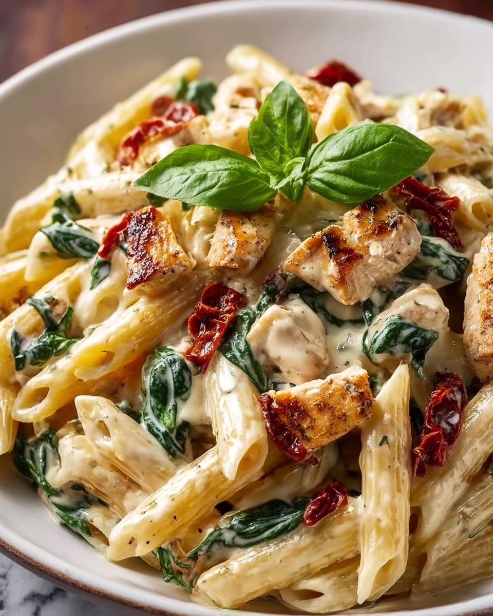 A close-up view of a dish featuring creamy pasta with penne noodles as the base layer, coated in a smooth off-white sauce. Scattered evenly among the pasta are medium-sized grilled chicken pieces with a golden-brown, slightly charred texture. Interspersed throughout the dish are vibrant green spinach leaves mixed into the sauce and dried red sun-dried tomato bits adding pops of deep red color. Fresh green basil leaves are placed on top as a garnish, adding a fresh look. The food sits in a white bowl on a white marbled surface. photo taken with an iphone --ar 4:5 --v 7