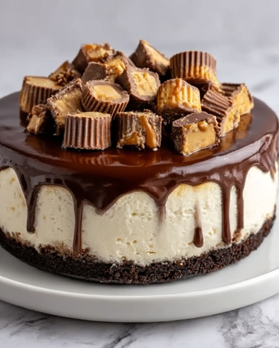 A round cheesecake with three visible layers sits on a white plate on a white marbled surface. The bottom layer is a dark brown crust with a crumbly texture. The middle layer is a thick, creamy white cheesecake, smooth and solid. The top layer is a glossy chocolate ganache that drips slightly over the edge. On top, there are many pieces of chopped chocolate peanut butter candy bars with light brown and dark brown swirls and crunchy textures. Photo taken with an iphone --ar 4:5 --v 7