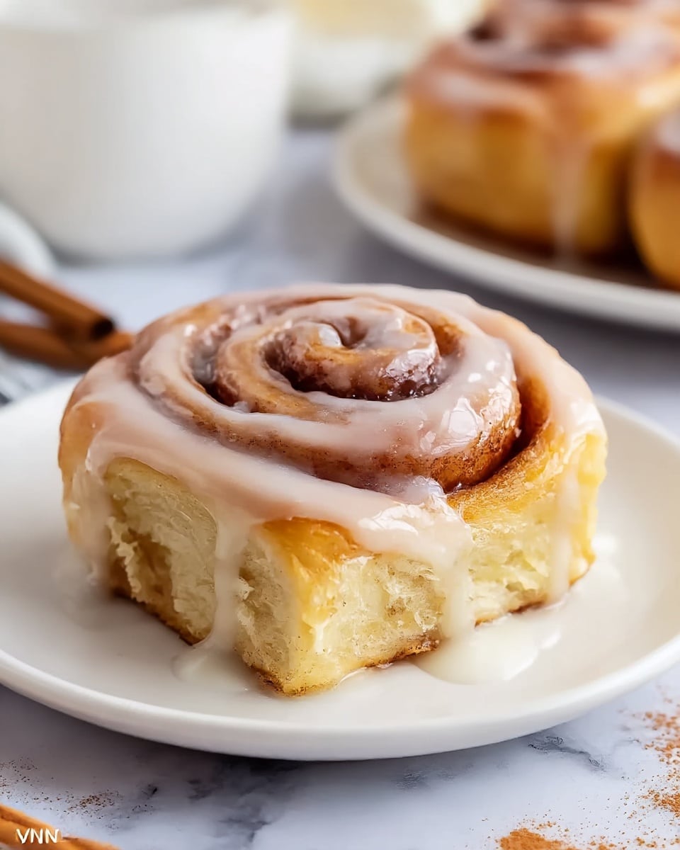 A close-up view of a single cinnamon roll sits centered on a white plate atop a white marbled surface. The cinnamon roll has two main layers: the base layer is a soft, fluffy, light golden-brown dough, while the upper layer shows a darker, cinnamon-spiced swirl. A thick layer of glossy, white icing is drizzled over the top and sides, slowly dripping down and partially covering the roll's curves. The plate has some cinnamon powder sprinkled around the roll, adding a touch of texture and warmth. In the background, some other cinnamon rolls and a light-colored mug are blurred out of focus. Photo taken with an iphone --ar 4:5 --v 7