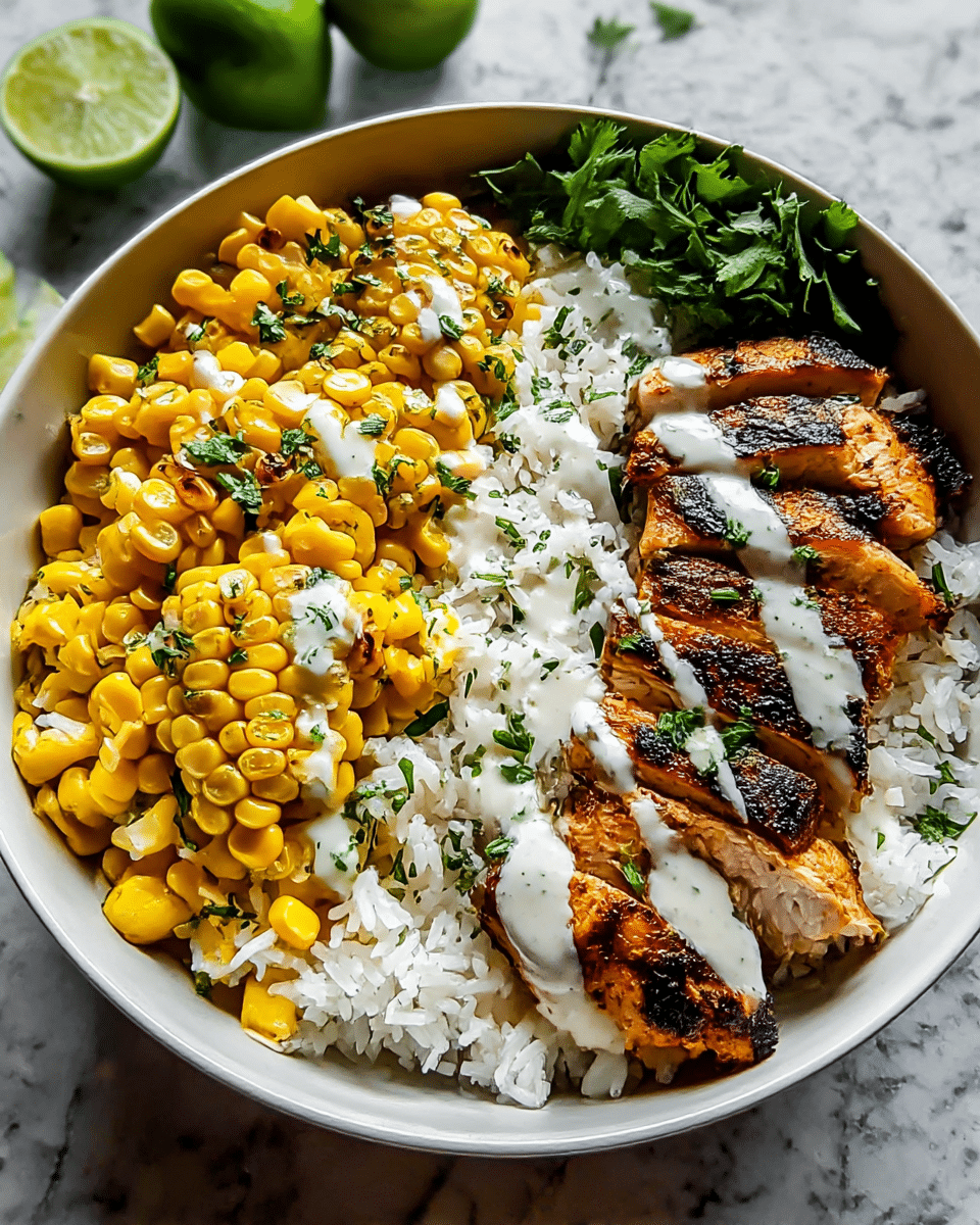 A white bowl holds a colorful dish with four main layers. The bottom layer is plain white rice filling the whole bowl. On the left side, there is a layer of bright yellow grilled corn with some lightly charred spots for texture. In the center, grilled chicken pieces with a golden brown and slightly blackened crust are cut into thick strips and arranged in a row. On the right side, fresh green leafy herbs or greens add color and freshness. White creamy sauce is drizzled over the chicken and corn, dotted with small green herb bits. The bowl is placed on a white marbled surface with lime wedges in the background. Photo taken with an iphone --ar 4:5 --v 7