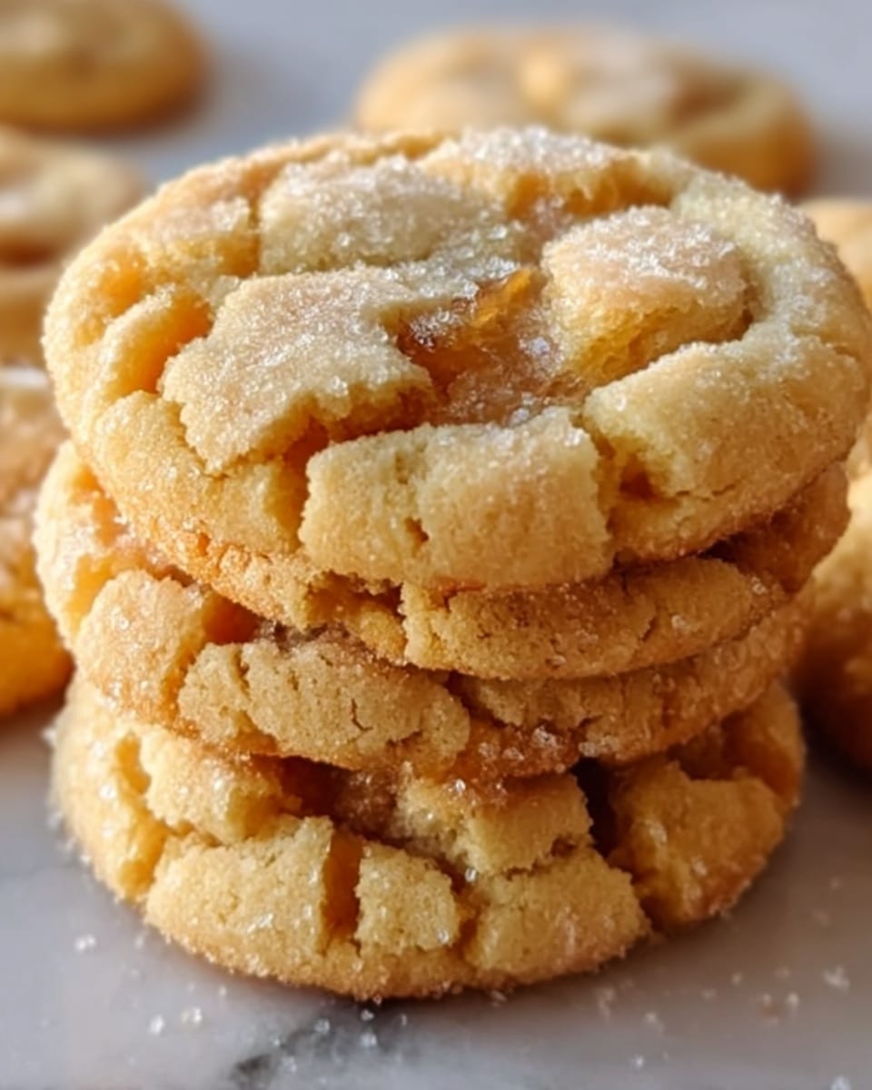A close-up view of a stack of soft, cracked cookies with a light golden-brown color. Each cookie has a textured surface with visible cracks and small bits of white sugar crystals sprinkled on top. The cookies are thick and slightly uneven, showing their soft and chewy nature. The background is a white marbled texture, adding a clean and bright contrast to the warm tones of the cookies. photo taken with an iphone --ar 4:5 --v 7