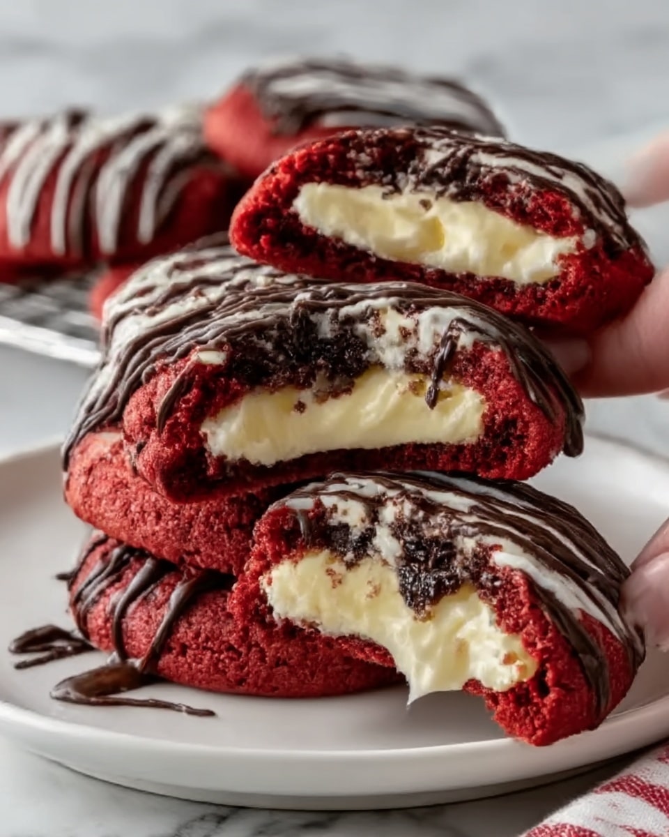 A close-up view of a white plate filled with layered red velvet cookies that have a creamy cheese center and dark chocolate chips embedded inside; the cookies are deep red with a soft texture, topped with a drizzle of glossy dark chocolate sauce, and one cookie is held by a woman's hand showing the creamy filling and chocolate chips inside. The plate rests on a white marbled surface with some whole and broken cookies in the background. photo taken with an iphone --ar 4:5 --v 7