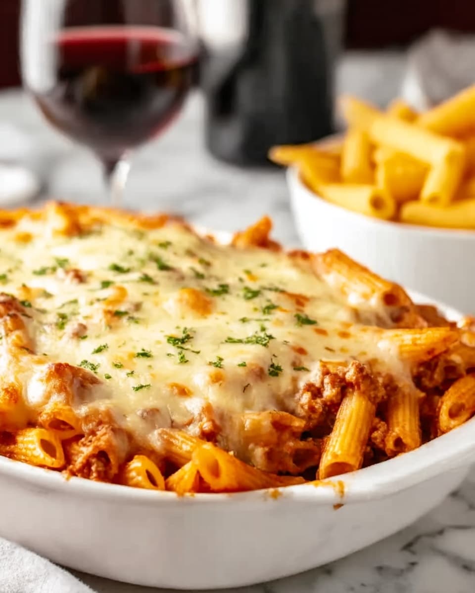 A white baking dish filled with baked penne pasta, layered with a thick, rich tomato sauce mixed with ground meat, topped with melted, slightly browned cheese and sprinkled with small green herbs. The pasta is a warm orange color, and the cheese on top has a stretchy, gooey texture with golden spots from baking. In the background, there is a glass of red wine and a bowl with bread, all placed on a white marbled surface. Photo taken with an iphone --ar 4:5 --v 7