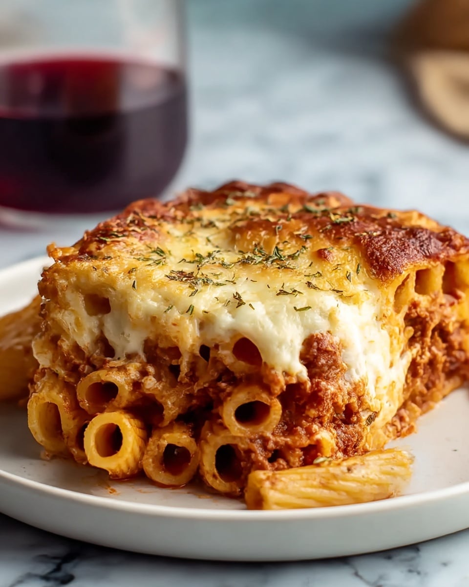 A close-up of a three-layer baked pasta dish on a white plate, resting on a white marbled surface. The bottom layer shows tube-shaped pasta mixed with chunky red meat sauce. The middle layer has a thick spread of creamy, white ricotta cheese that is soft and slightly melted. The top layer is a golden-brown melted cheese crust, bubbly and slightly crisp, with a sprinkle of herbs adding green specks over the cheese. In the blurred background, there is a glass filled with dark red wine. photo taken with an iphone --ar 4:5 --v 7