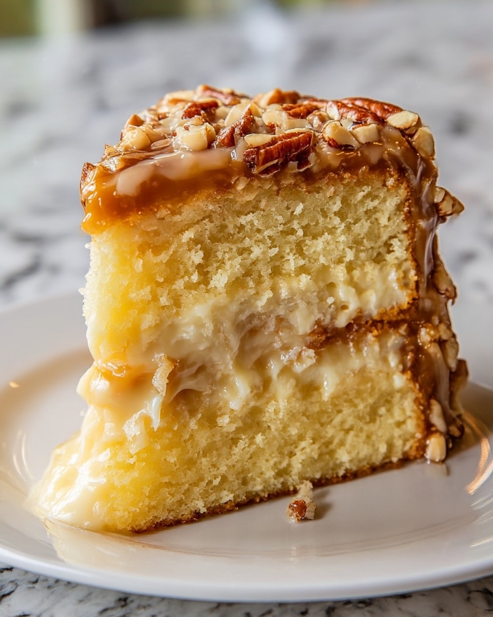 A slice of two-layer yellow cake with a moist and fluffy texture, filled and topped with creamy white custard that slightly melts and drips down the sides; around the edges of the top layer, there are chopped nuts embedded in a shiny, caramel-like glaze which also covers the top surface, giving it a rich, glossy finish. The cake sits on a white plate placed on a white marbled surface. photo taken with an iphone --ar 4:5 --v 7