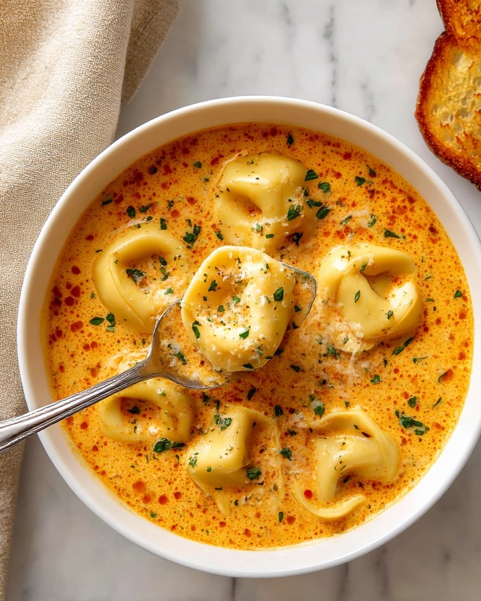 A white bowl filled with creamy orange soup containing several yellow tortellini pasta pieces floating in it, sprinkled with green chopped parsley and small dots of black pepper on top. The soup has a smooth, slightly oily texture with a rich color, and a silver spoon is lifting one tortellini near the center. The bowl is set on a white marbled surface with a piece of toasted bread and a beige cloth partially visible on the left side. photo taken with an iphone --ar 4:5 --v 7