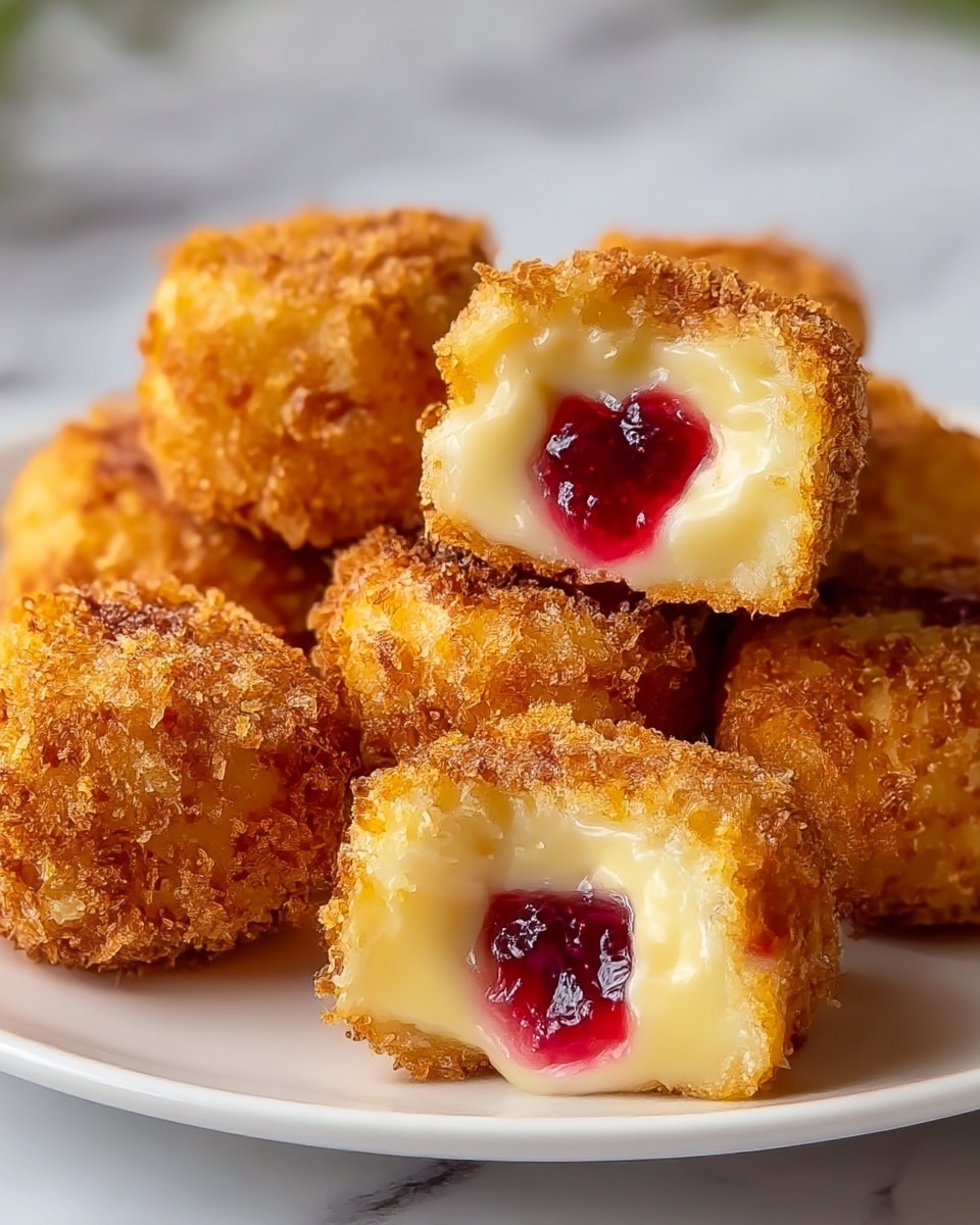 The image shows several round, crispy fried balls placed closely on a white plate with a white marbled background. Each ball has a deep golden brown, crunchy outer layer with a coarse texture. Inside, the balls reveal a creamy, smooth, pale yellow filling mixed with a bright red, slightly chunky layer that appears to be a fruit sauce or jam. The filling looks soft and slightly gooey, contrasting with the crunchy outside. Two of the balls are broken open, showing the inner layers clearly while the others remain whole. The composition highlights the contrast of textures and colors in a warm, inviting way. photo taken with an iphone --ar 4:5 --v 7