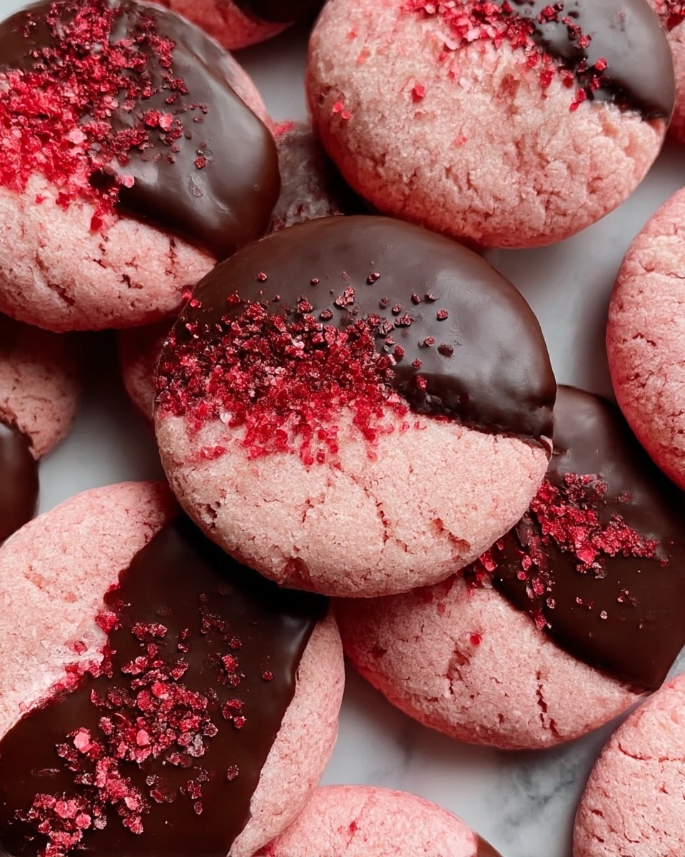 The image shows a close-up of round pink cookies with a cracked, soft texture. Each cookie is half dipped in dark, shiny chocolate, which has a smooth surface and is sprinkled with small, red crumb bits. The cookies are piled together, overlapping each other against a white marbled texture background. photo taken with an iphone --ar 4:5 --v 7