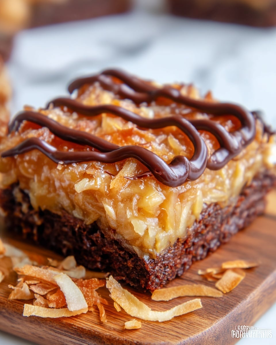 The image shows a close-up of a two-layer dessert bar on a white marbled textured surface. The bottom layer is dark brown and rich, with a dense and moist texture that looks like chocolate cake or brownie. The top layer is thick and golden brown with a shiny, gooey texture, filled with shredded coconut and other small bits creating a rough, uneven surface. There are two wavy lines of dark chocolate drizzle on top, adding a darker contrast against the caramel-colored layer beneath. In the background, some light beige toasted coconut flakes are visible, slightly blurred. photo taken with an iphone --ar 4:5 --v 7