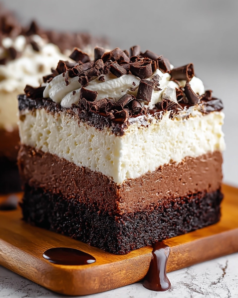 A close-up of a square piece of layered chocolate dessert on a wooden surface with a small pool of chocolate sauce in front. The dessert has four distinct layers: the bottom layer is dense, dark, and moist chocolate cake; above it is a thick, smooth layer of darker chocolate fudge; next is a lighter, airy chocolate cake layer; and the top is a thick, creamy white layer of frosting covered with irregular dark chocolate curls. Some chocolate drizzle is visible on the creamy top edges. The background is softly blurred with a white marbled texture surface. photo taken with an iphone --ar 4:5 --v 7