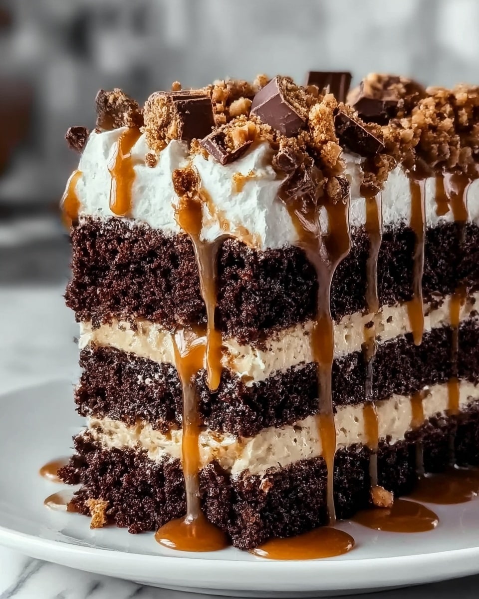 The image shows a close-up of a rich chocolate layer cake with three thick layers of dark chocolate sponge, separated by two layers of smooth light caramel cream. The top of the cake is covered with fluffy white whipped cream, drizzled generously with golden caramel sauce that also drips down the sides. The cake is topped with scattered chunks of chocolate and crunchy bits. It is placed on a white plate on a white marbled surface. Photo taken with an iphone --ar 4:5 --v 7