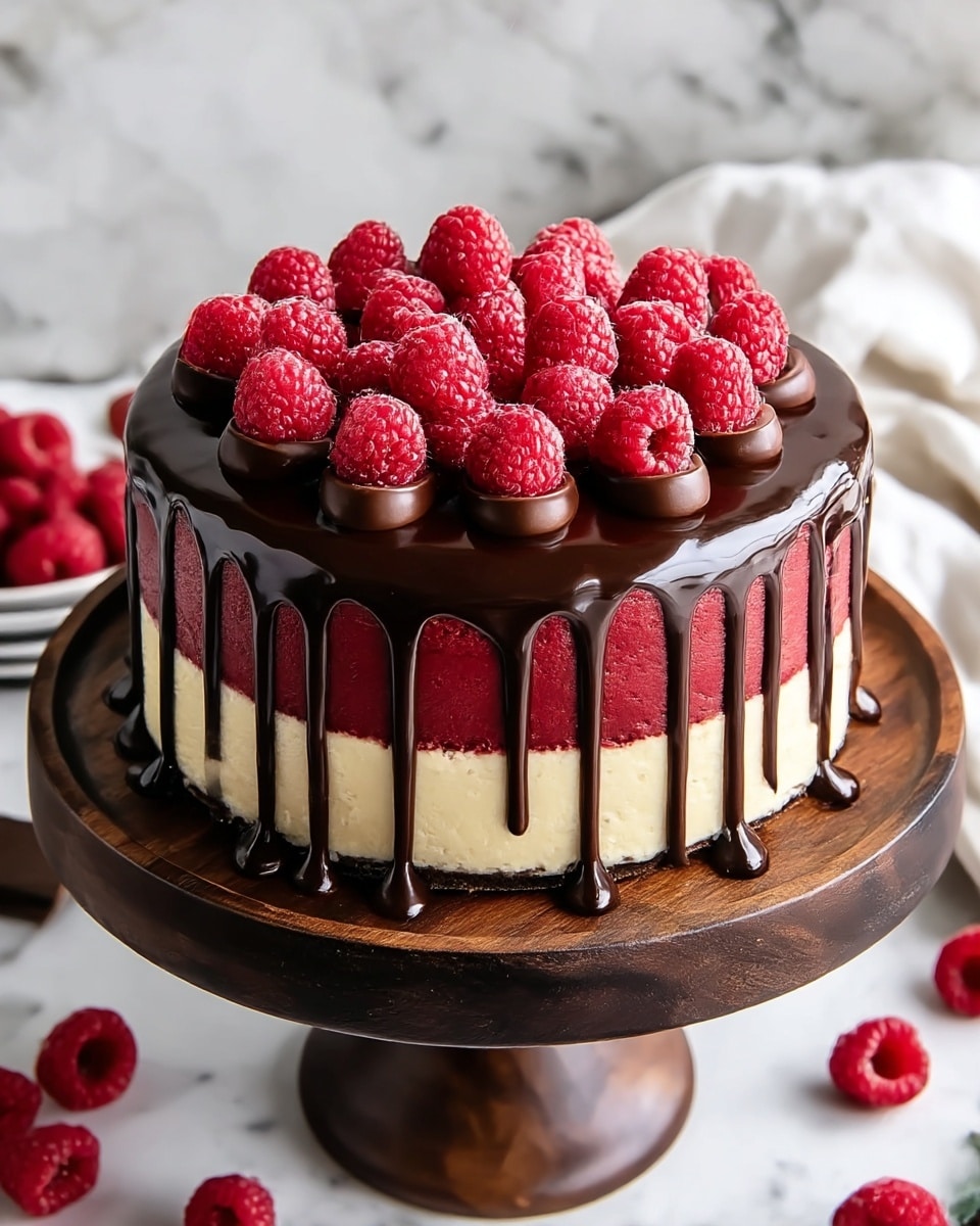 A round cake with three visible layers sits on a wooden stand over a white marbled surface; the bottom and top layers are deep red with a spongy texture, while the middle layer is thick and light beige. Dark glossy chocolate ganache drips smoothly down the sides, covering the top surface where fresh bright red raspberries are scattered evenly alongside small dollops of chocolate. Some raspberries and a gold fork rest on a white cloth around the stand, adding to the scene’s rich yet fresh look, photo taken with an iphone --ar 4:5 --v 7