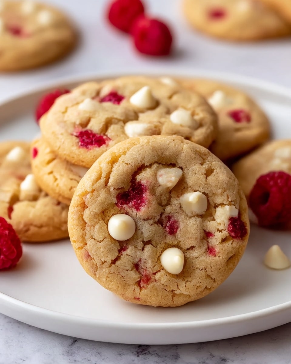 A close-up view of a stack of soft cookies on a white plate placed on a white marbled surface. The cookies have a golden-brown base with light cracks on the surface, showing their crisp edges and soft centers. Each cookie is embedded with smooth, white chocolate chips and small, bright red pieces that add a pop of color and texture, evenly spread throughout the cookies. The plate sits slightly off center, and in the blurred background, more cookies and a few scattered red pieces are visible, enhancing the cozy, fresh-baked feel. photo taken with an iphone --ar 4:5 --v 7