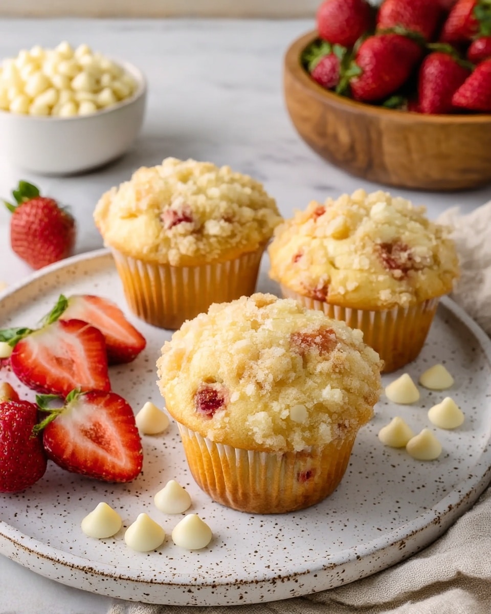 Three muffins with golden brown crumbly tops sit on a white plate with tiny brown speckles; the muffins have a light yellow base with bits of red strawberry inside, visible through the crumb topping. Around the muffins are fresh whole strawberries and a halved strawberry showing its red inside with green leaves at the top. White chocolate chips are scattered on the plate near the muffins. In the background, a white bowl contains more white chocolate chips, a wooden bowl holds more strawberries, and a glass of milk is also visible. The scene is set on a white marbled texture surface with a beige cloth partly under the plate. photo taken with an iphone --ar 4:5 --v 7