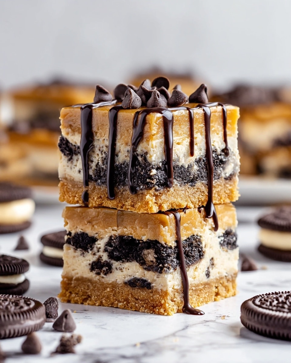 The image shows two thick dessert bars stacked on top of each other on a white marbled surface. Each bar has four layers: the bottom layer is a light brown, crumbly crust, followed by a middle layer containing chunks of dark, almost black cookies mixed within a creamy, off-white filling. Above that is a smooth, glossy caramel layer with a rich golden color, topped with a sprinkled layer of cookie crumbs and mini chocolate chips. The top of each bar is drizzled with dark chocolate, adding a shiny texture that drips slightly down the sides. Extra cookie crumbs and mini chocolate chips are scattered around the bars on the white marble surface, along with whole dark cookies in the background. Photo taken with an iphone --ar 4:5 --v 7