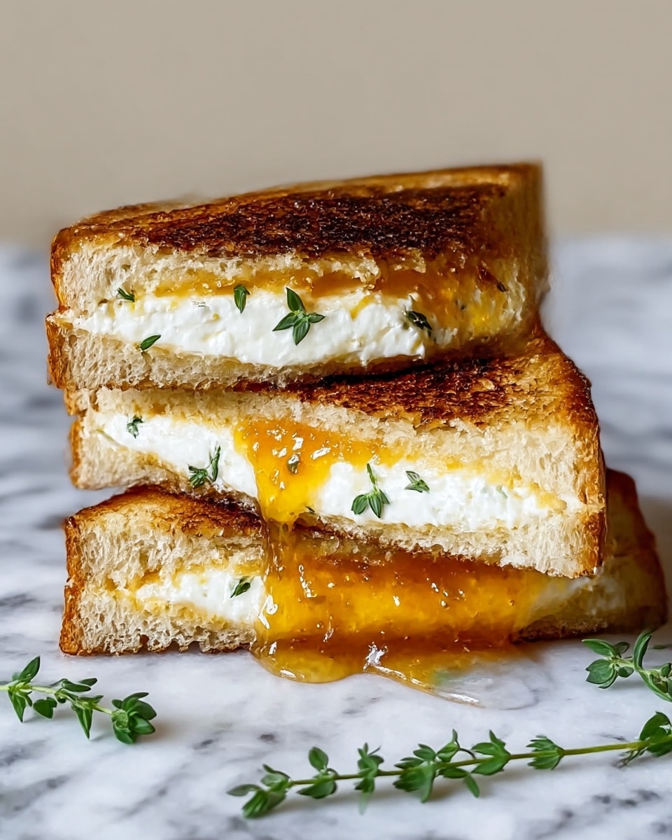 The image shows a grilled sandwich cut diagonally into two triangular halves. The sandwich has two layers of golden brown toasted bread with a crispy, slightly charred texture. Between the bread layers, there is a thick layer of white, creamy cheese and a layer of glossy orange jam. Small green herb leaves, likely thyme, are scattered within the filling and some are placed near the sandwich, which rests on a light tan surface replaced by a white marbled texture. photo taken with an iphone --ar 4:5 --v 7