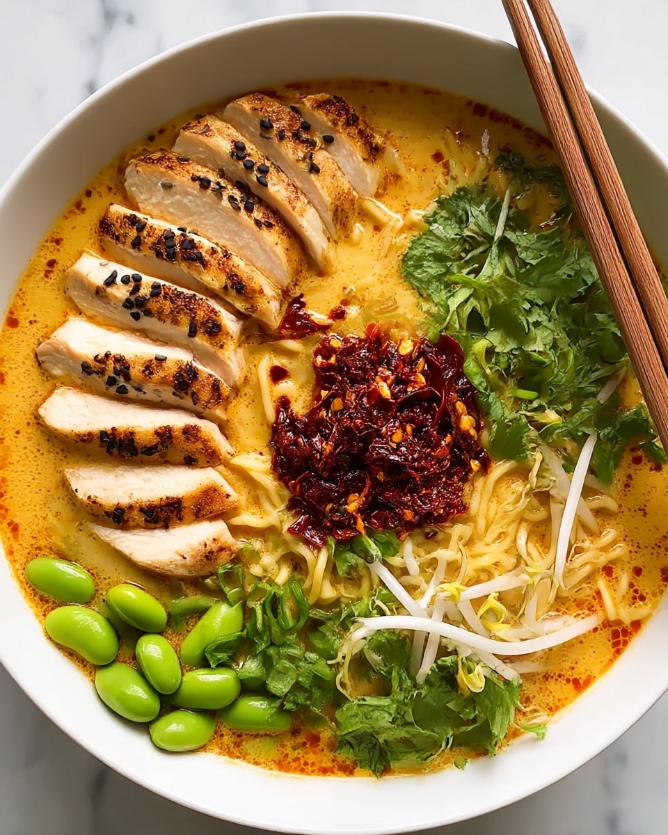 A white bowl filled with rich orange broth with a frothy texture, holding curly yellow noodles at the bottom left. On top, from left to right, there are seven slices of crispy, browned grilled chicken with black seeds sprinkled on them. In the center, there is a thick pile of dark red chili paste with chili flakes. To the right of the chili, fresh white bean sprouts with small yellow tops lean over a mound of finely chopped bright green herbs and scallions. Below the chili, bright green edamame beans rest on the noodles. The bowl sits on a white marbled surface with wooden chopsticks resting on the top right edge. Photo taken with an iphone --ar 4:5 --v 7