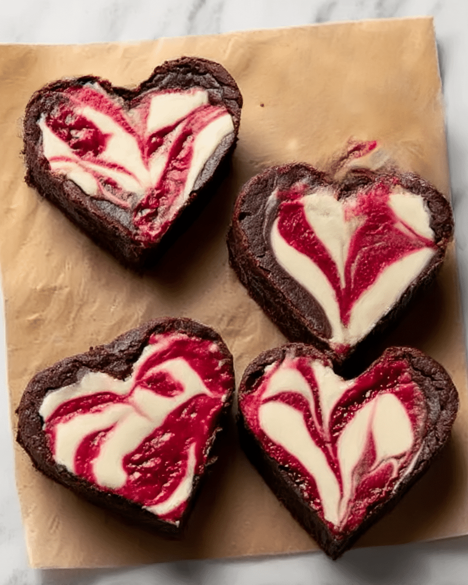 Four heart-shaped brownies are placed on a sheet of brown parchment paper, showing a rich dark brown color for the brownie base. Each brownie has swirls of creamy white and bright red, likely from cream cheese and raspberry, creating a marbled effect on top. The textures look soft and moist with a glossy finish, and the edges appear slightly crisp. The background is a white marbled texture. photo taken with an iphone --ar 4:5 --v 7