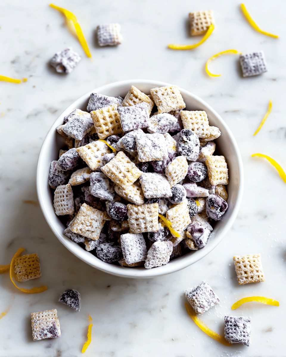 A white bowl filled with a mix of two types of square cereal pieces sits on a white marbled surface with gold accents. One cereal type is light beige with a waffle texture, and the other is coated with powdered sugar and has purple blueberry spots inside. Thin yellow lemon zest strips are scattered over the cereal, adding bright color. A few cereal pieces are spilled outside the bowl, showing the same mix and details. The lighting is bright and natural, highlighting the texture and colors of the cereal and zest. photo taken with an iphone --ar 4:5 --v 7