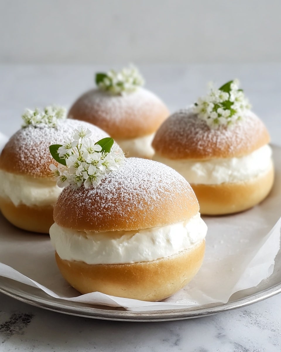 The image shows four round cream buns arranged on a white plate lined with parchment paper. Each bun has two layers: the bottom layer is golden brown bread, and the middle layer is thick white cream filling visible between the sliced bun. The top of each bun is a light golden brown dome dusted generously with white powdered sugar. On top of each, there is a small cluster of white flowers with green leaves as decoration. The white marbled surface is visible under the plate, and there is part of a fork on the right side. photo taken with an iphone --ar 4:5 --v 7
