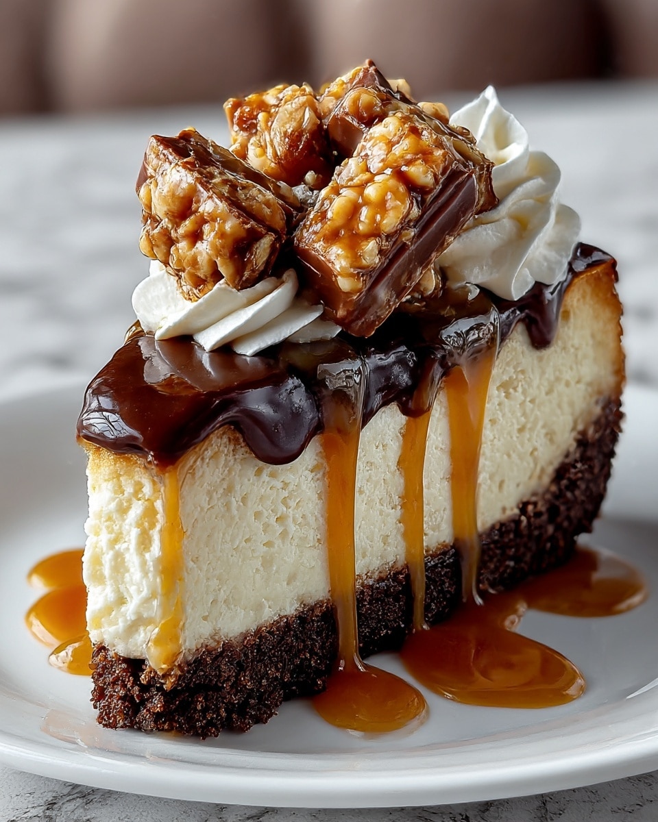 A slice of creamy white cheesecake with a thick, dark brown crumbly crust at the bottom sits on a white plate over a white marbled surface. The cheesecake is topped with thick layers of glossy dark chocolate and golden caramel sauces that drip down the sides, pooling on the plate. On top, there are white swirls of whipped cream, and chunky pieces of nut-covered candy bars with a crunchy texture and shiny caramel, sprinkled with small nut bits. Photo taken with an iphone --ar 4:5 --v 7
