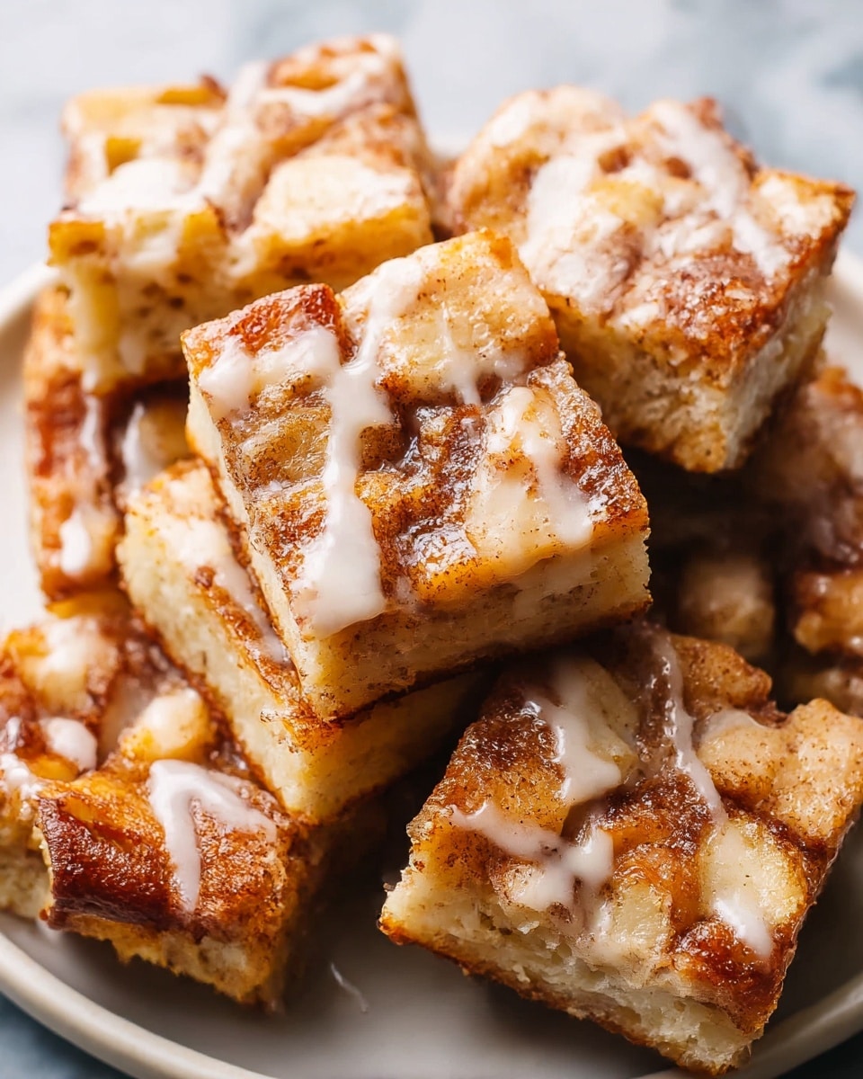 A close-up view of several square pieces of cinnamon roll bread pudding stacked on a white plate. Each piece has one thick layer of golden-brown bread chunks coated with a creamy white glaze, with the bread showing a crispy, caramelized edge texture and visible swirls of cinnamon. The top of the pieces is drizzled unevenly with the shiny glaze, adding a moist look to the crunchy surface. The plate sits on a white marbled surface, creating a clean, bright setting. photo taken with an iphone --ar 4:5 --v 7